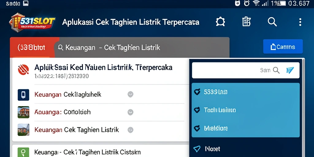 Tampilan antarmuka aplikasi 531SLOT untuk cek tagihan listrik.