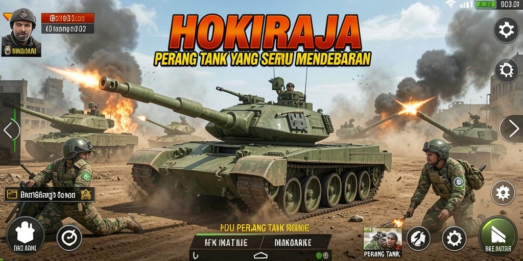 Tampilan antarmuka HOKIRAJA dengan pertempuran tank yang intens.
