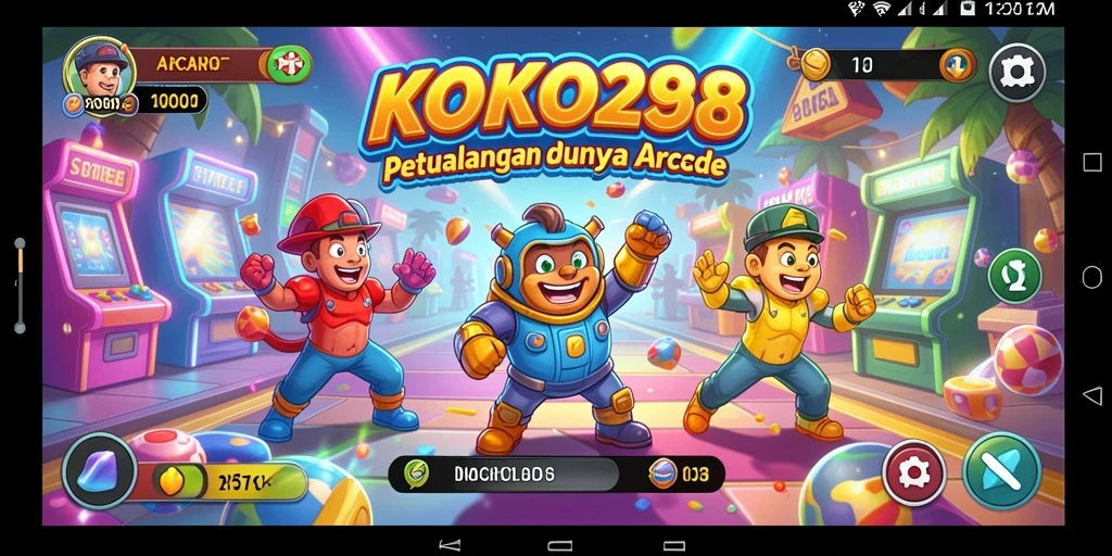 Tampilan antarmuka KOKO288 dengan karakter dan level yang colorful.