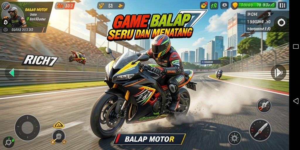 Tampilan antarmuka game Balap Motor RICH7 yang menawan.